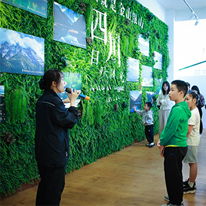 讲解员带领团体参访园区绿植墙与环保展陈